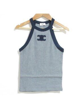 Celine Triomphe Striped Jersey Tank Top M Navy